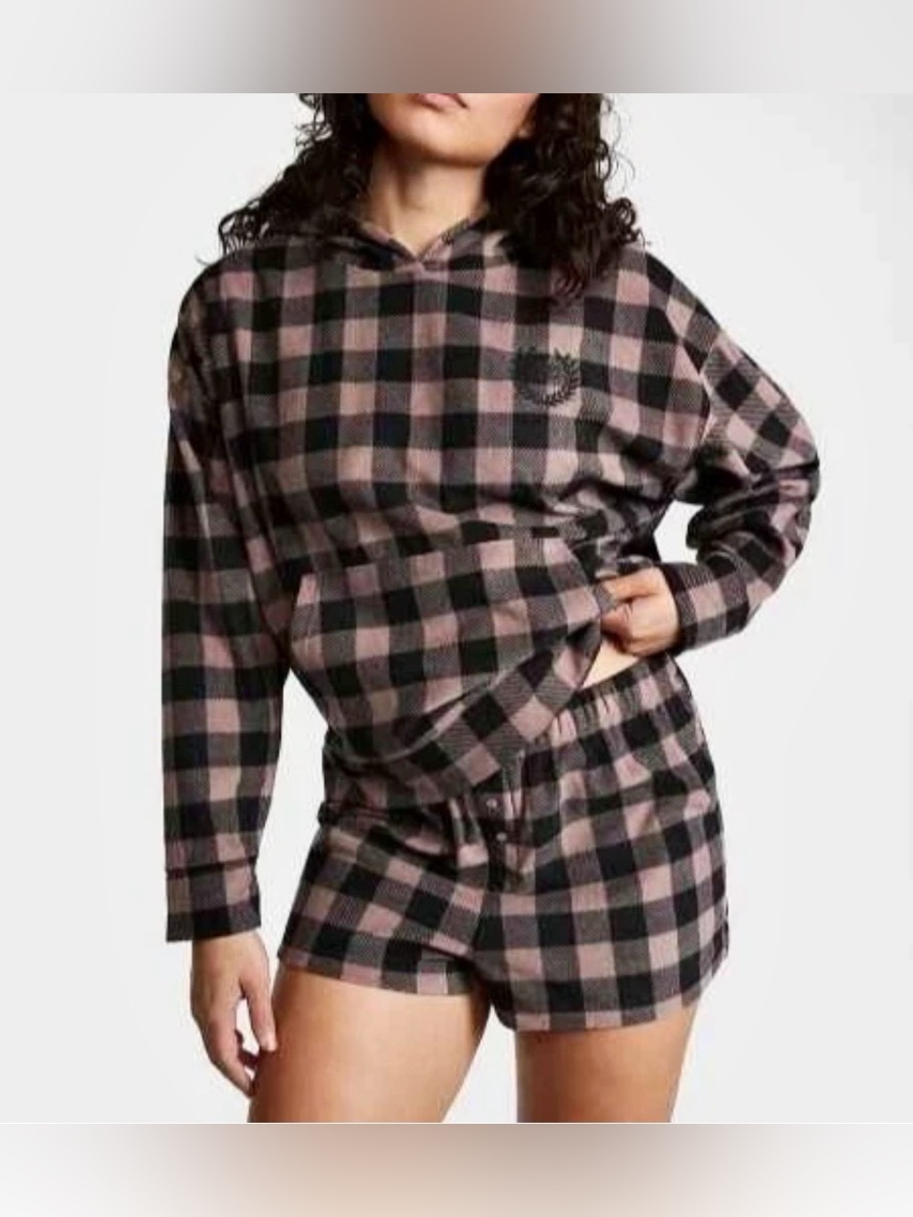 Victoria's Secret Pink Polar Fleece Hoodie Shorts PJ Set Iced Coffee Checkered L